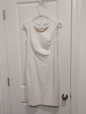 Calvin Klein White Midi Sheath Dress with Gold Chain Accent